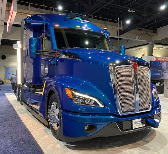 Kenworth showcased a T680 tractor fitted with Aurora Drive autonomous controls at its booth at...