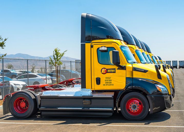 Electric Class 8 heavy-duty trucks at Estes' new Banning, California, terminal.