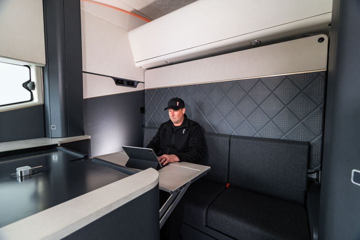 The SuperTruck 2 sleeper features a tabletop that rotates down when you're sitting on the sofa. - Photo: Kenworth