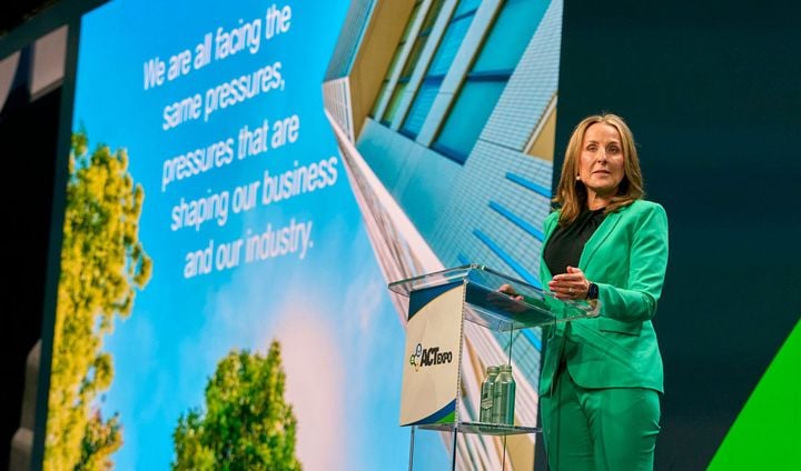 Shelly Simpson, president of J.B. Hunt Transport Services, told the audience at ACT Expo about the companies sustainability successes — that didn't need electric trucks. - Photo: ACT Expo/TRC...