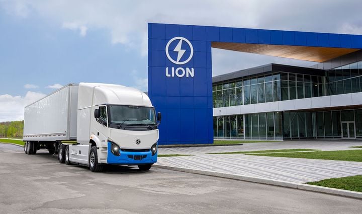 Battery-electric Lion8 Tractor with trailer at The Lion Electric headquarters.