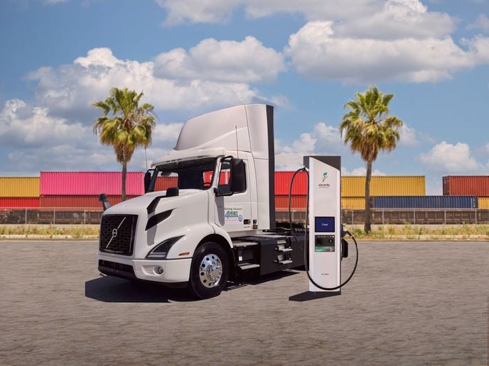 4 Gen Logistics’ Volvo VNR Electric trucks operate two shifts per day, making up to six runs to...