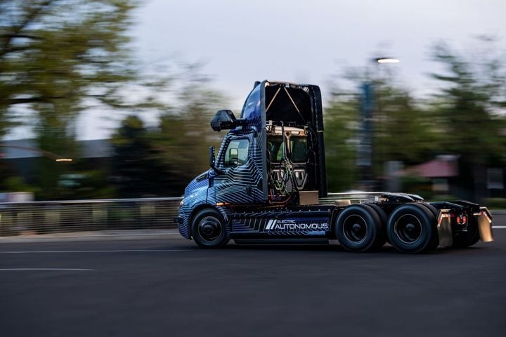 2024 Freightliner eCascadia electric-autonomous truck in motion.