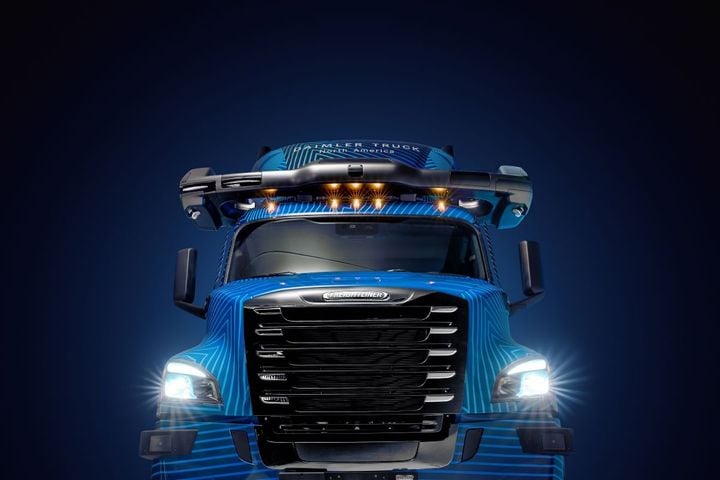 2024 Freightliner eCascadia truck fitted with autonomous driving sensors.