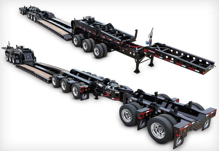 The Magnitude 75 trailer features a hydraulic detachable gooseneck and a tridem axle bogie, each providing seven ride height positions. - Photo: Fontaine Specialized