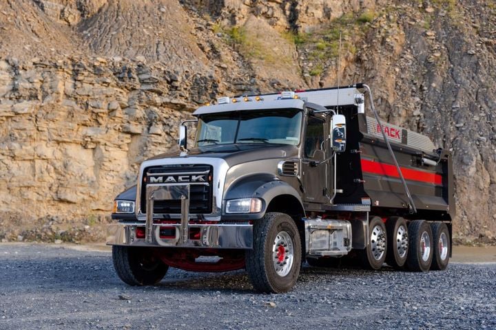 The refreshed Mack Granite truck's self-heating LED headlamps offer up to 50% better visibility.