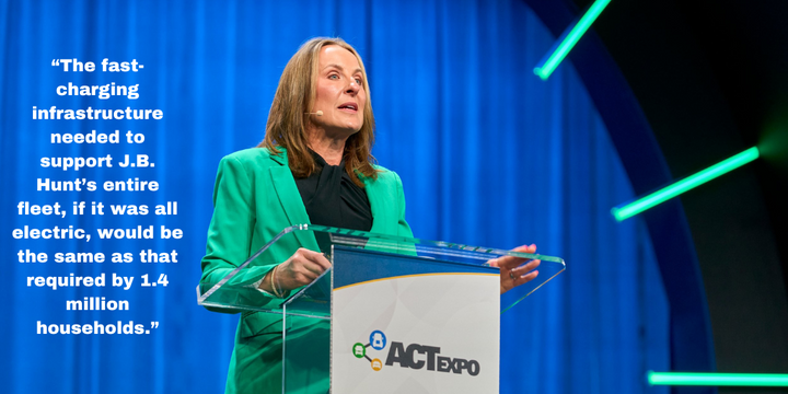 J.B. Hunt President Shelley Simpson, speaking at ACT Expo, said zero-emissions truck technology is not ready for prime time. - HDT Graphic from ACT Expo/TRC Companies Photo