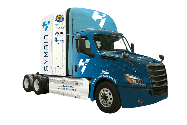 Freightliner Cascadia truck with Symbio hydrogen fuel cell.