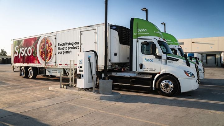 Sysco electric tractor-trailer truck at EV charger