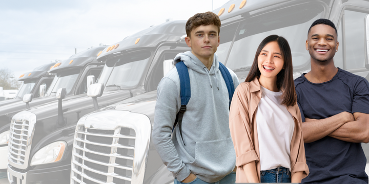 A group of diverse young people in front of a line of heavy-duty trucks.