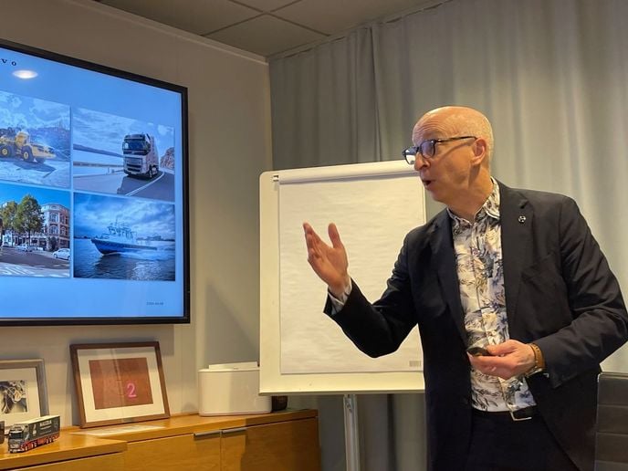 Lars Stenqvist, chief technolgy officer, the Volvo Group, details the company's multi-pronged approach to zero-emission transport during a press briefing in Lundby, Sweden, on April 9, 2024. -...