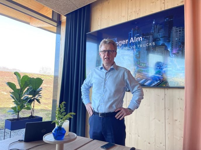 Volvo Trucks President Roger Alm speaks to the media during the opening of Volvo World in Gothenburg, Sweden, on April 8,2024. - Photo: Jack Roberts