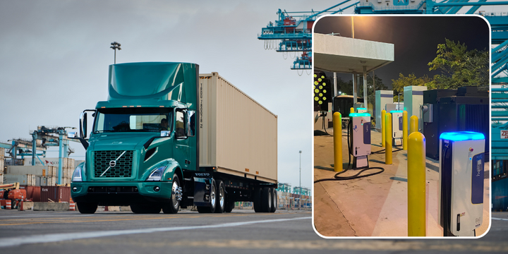 Volvo VNR Electric Tractor-Trailer with inset of Heliox EV chargers