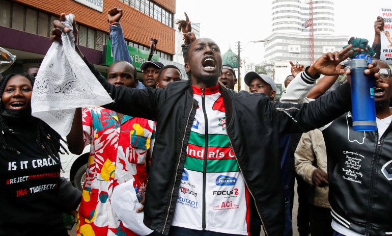 Protestors react during a demonstration against Kenya's proposed finance bill