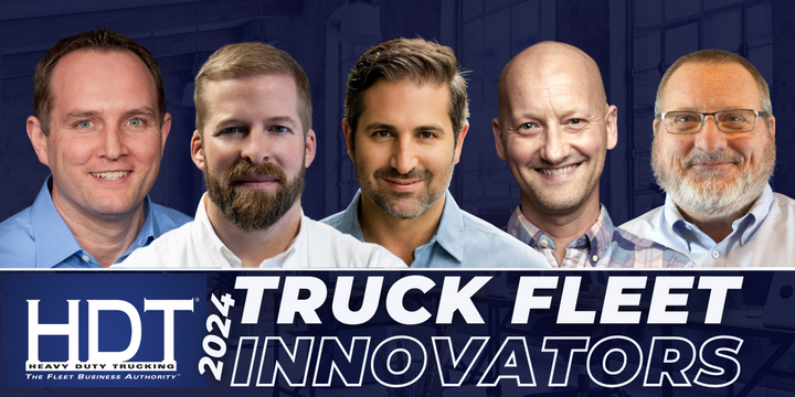 HDT's 2024 Truck Fleet Innovators are, from left, Shane Blanchette of QCD, John Paape of Roehl Transport, Nathan Klein of Sun Logistics, Volker Bargenda of Standard Logistics, and Kyle Neumann...