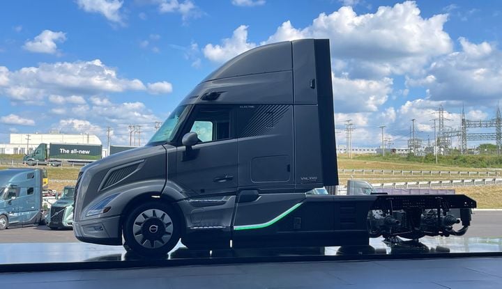 Reporters weren't able to get a close-up look at the Volvo VNL Electric truck. - Photo: Jack Roberts