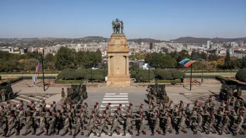 AFP South African Military members arrive ahead of the inauguration of South Africa's Cyril Ramaphosa as President at the Union Buildings in Pretoria on June 19, 2024.