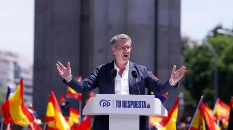 by Javier Lizon/EPA-EFE Spain's Popular Party (PP) leader Alberto Nunez Feijoo speaks during a rally against the so-called amnesty law called by his party in Madrid