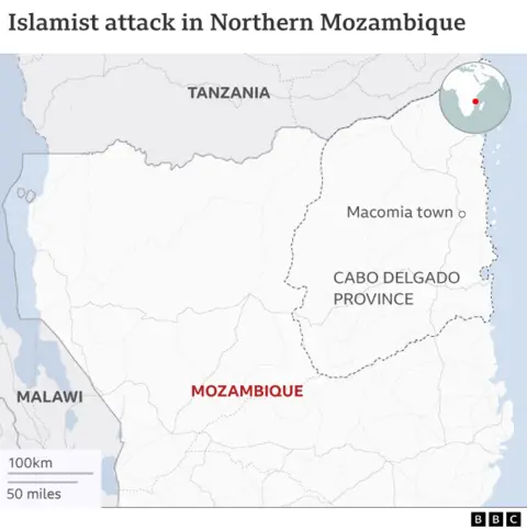 Map showing Macomia in Cabo Delgado, northern Mozambique