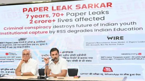 Getty Images Congress leader and MP Rahul Gandhi with party spokesman Jairam Ramesh, addressing media person on the issue of Neet Exam at AICC HQ on June 20, 2024 in Delhi