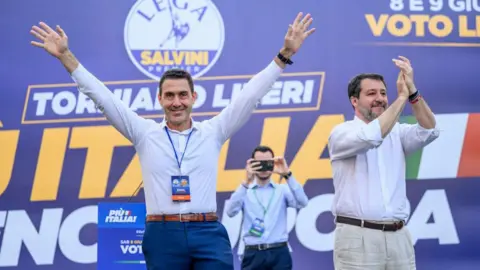 Antonio Masiello/Getty Images Roberto Vannacci, Lega party candidate for the upcoming European elections and Italian Minister of Infrastructure and Transport Matteo Salvini attend a political meeting organised by Lega political party for the upcoming European elections, at Piazza Santi Apostoli, on June 6, 2024 in Rome, Italy