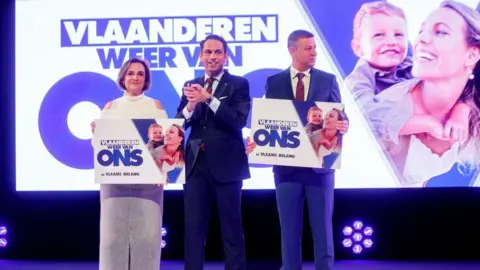 HATIM KAGHAT/BELGA/AFP Vlaams Belang's Tom Van Grieken pictured during the launch of the official election campaign image and slogan of Flemish far right party Vlaams Belang, Sunday 03 March 2024 in Zellik