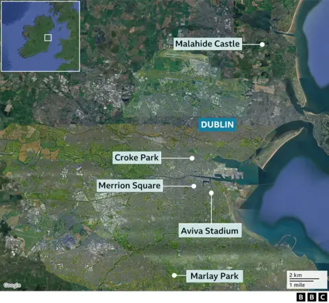 map of Dublin showing Croke Park, Merrion Square, Malahide Castle, the Aviva Stadium and Merrion Square