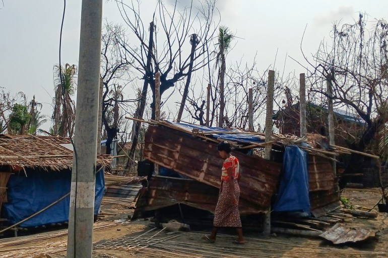 A woman walks past her temporary shelter in Minbya. The shelter is made from metal sheets and tarpaulin. The trees have been damaged and burned.