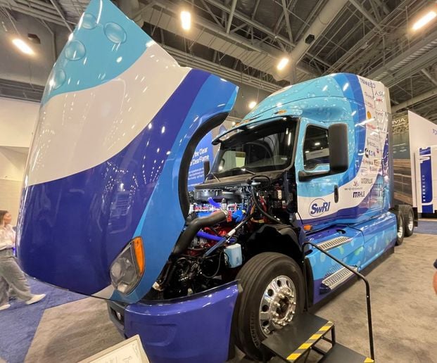 An International RH tractor with an experimental hydrogen engine on the show floor at the Southwest Research Institute booth at ACT Expo 2024.