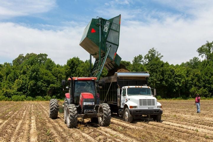 Tractor loading a farm truck in a field.