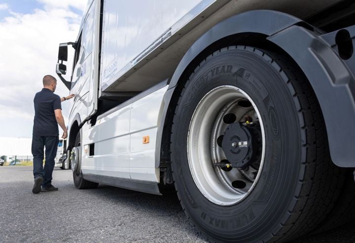 Close up of drive tire on a heavy-duty truck.