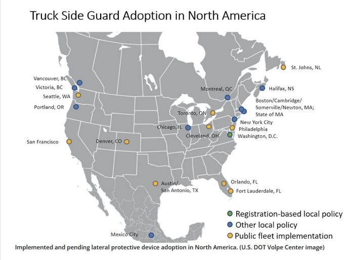 Map of trailer under-ride protection laws in the United States.