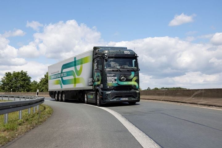 A Mercedes-Benz eActros truck on the road in Europe.