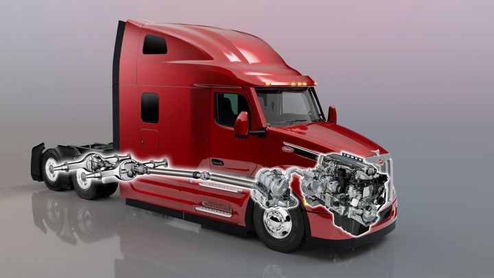 Cutaway of a Peterbilt Model 579 truck with a low-NOx MX-13 diesel engine.