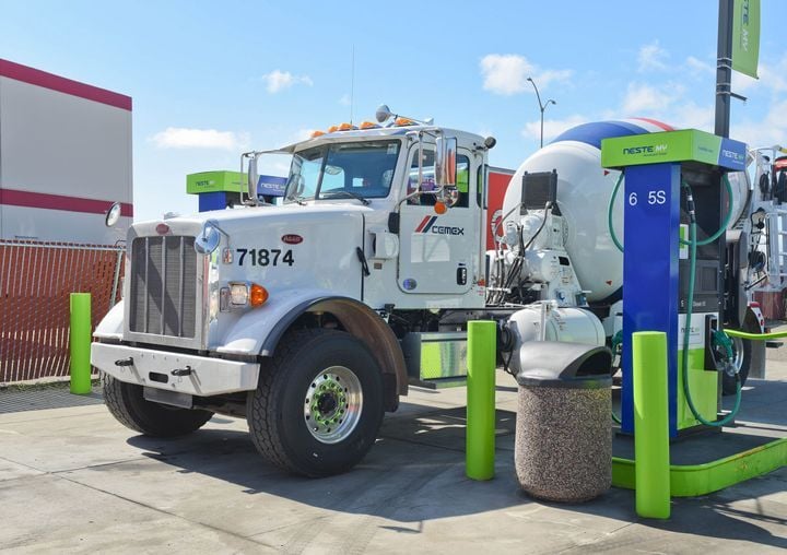 A Peterbilt fuel tanker delivering renewable diesel fuel.