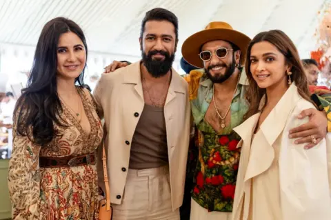 Reuters Actor Katrina Kaif, her husband and actor Vicky Kaushal, actor Ranveer Singh and his wife and actor Deepika Padukone pose during pre-wedding celebrations