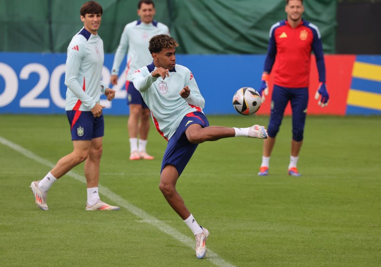 Soccer Football - Euro 2024 - Final - Spain Training - Donaueschingen, Germany - July 13, 2024 Spain's Lamine Yamal during training REUTERS/Robin Rudel