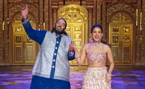 ANI  Reliance Industries Chairman Mukesh Ambani's son Anant Ambani and his fiancé Radhika Merchant present a special perform during the sangeet ceremony ahead of their wedding, at Jio World Centre in Mumbai on 6 July