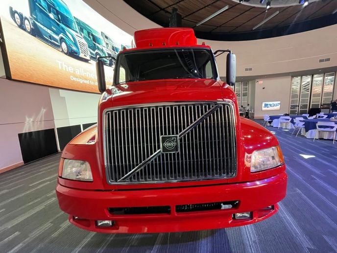 1996 Volvo VNL truck on display at the Volvo Customer Center in Dublin, Virginia.