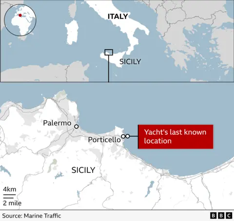 Map of Sicily yacht sinking location