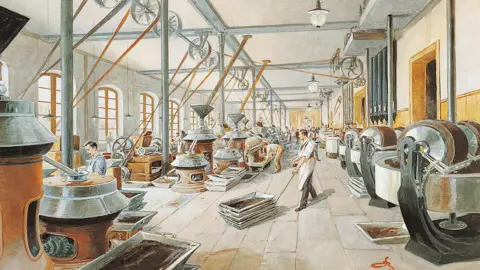 Lindt An old drawing of chocolate production in a Lindt factory