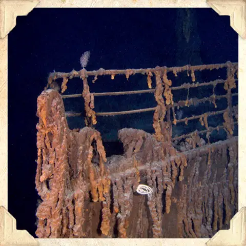 A photo of the Titanic wreck showing the famous bow at the front of the ship under the sea (photo RMS Titanic Inc)