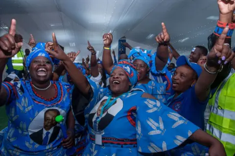 AMOS GUMULIRA / AFP  Party supporters and delegates dance at the opening day of the Democratic Progressive Party's elective convention in Blantyre. They are wearing matching blue clothing.