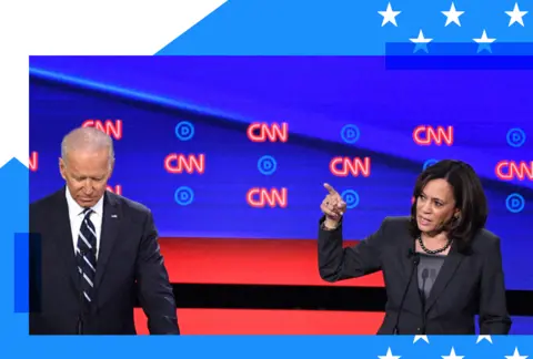 Harris on the debate stage as Democrats vied for the nominee in the 2020 election 