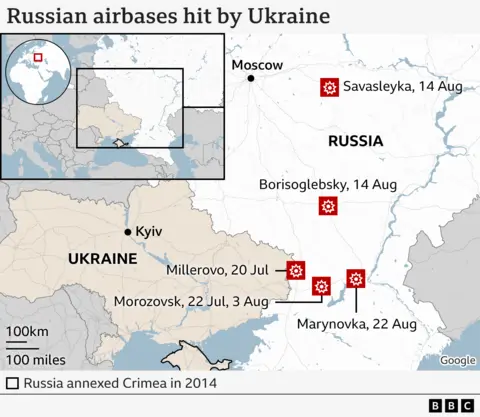 Map of Russian airbases hit by Ukraine