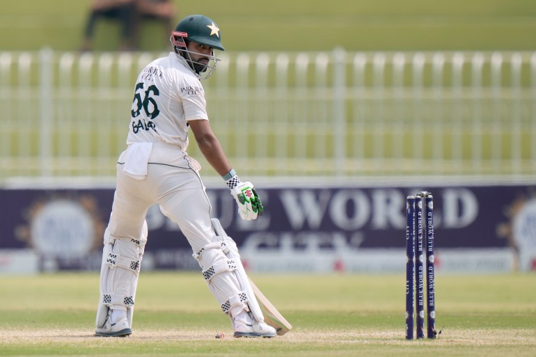 Pakistan's Babar Azam reacts after he is bowled out by Bangladesh's Nahid Rana during the fifth day of first cricket test match between Pakistan and Bangladesh, in Rawalpindi, Pakistan, Sunday, Aug. 25, 2024. (AP Photo/Anjum Naveed)