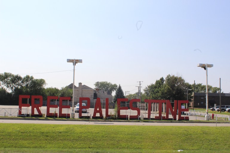 A sign that says 'Free Palestine' on Harlem Avenue in Bridgeview, Illinois