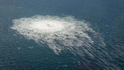  DANISH DEFENCE/HANDOUT Danish Defense shows the gas leaking at Nord Stream 2 seen from the Danish F-16 interceptor on Bornholm, Denmark on September 27, 2022