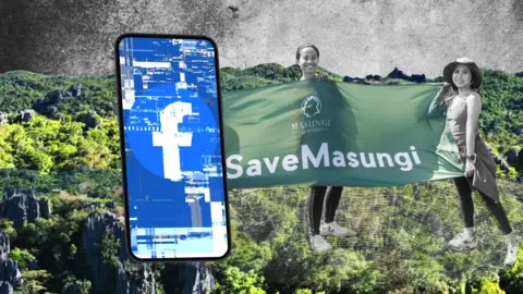 BBC A smartphone, showing a distorted Facebook look, is displayed against a backdrop of lush rainforest and limestone formations. Ann and Billie Dumaliang, who help run the Masungi Georeserve Foundation, can also be seen holding a banner saying "Save Masungi".