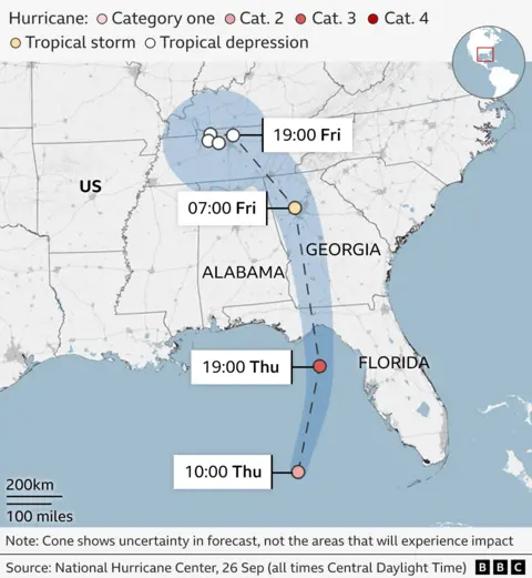 Graphic showing the forecast path of Hurricane Helene. As of 10:00 local time Thursday it was heading north towards Florida. It is due to become a category three hurricane at 19:00 local time on Thursday before making landfall in northern Florida shortly afterwards. 